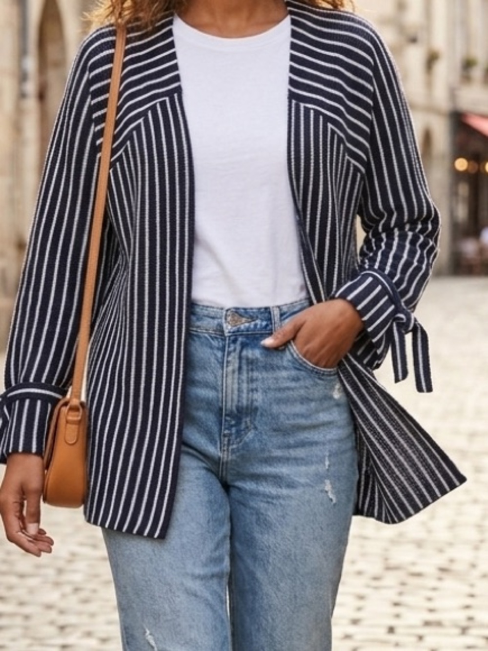 NIC+ZOE Navy and White Striped Knit Cardigan